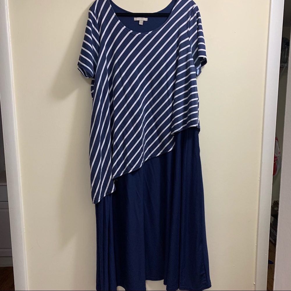 Lagenlook Knit Artsy Patio Dress Boho Chic Cotton Maci Dress Navy Stripes 1x
